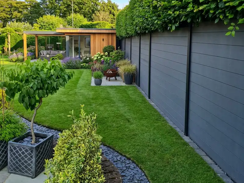 Anthracite composite fencing with horizontal boards in a slotted post system